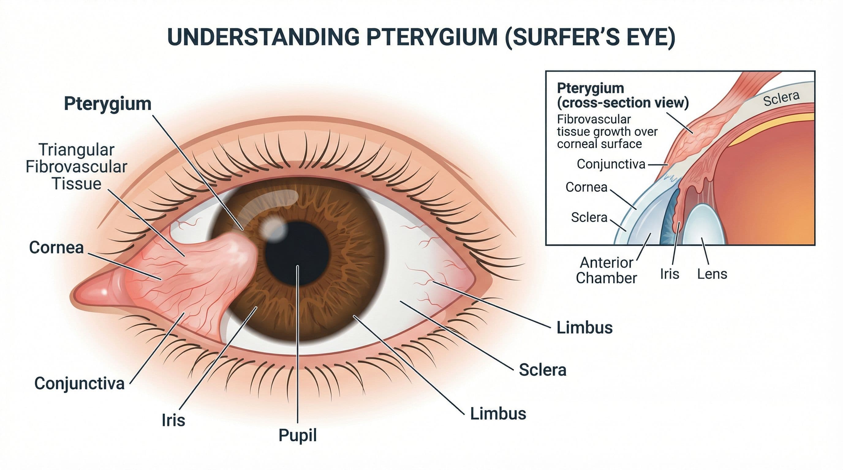 Pterygium (Surfer’s Eye): Causes, Symptoms, Treatment, and Prevention in Sunny Climates